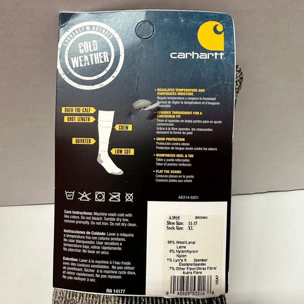 New Carhartt Arctic Wool Cold Weather Boot Socks XL Men's 11-15 Brown USA